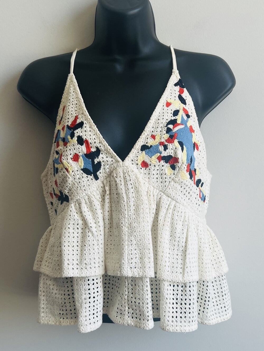Hermant & Nandita Top S Embroidered Tank Ruffled Boho Festival Peasant Anthro